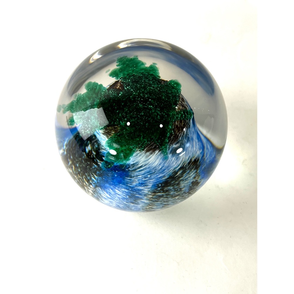 Art Glass Paperweight Green Controlled Bubble Tree Blue Swirl Ocean Seascape